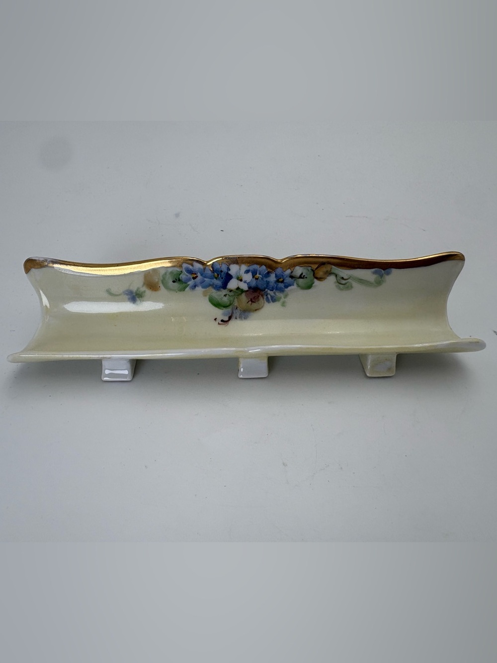 Vintage 1940s French Limoges Porcelain Tray with Delicate Blue Flowers and Gold